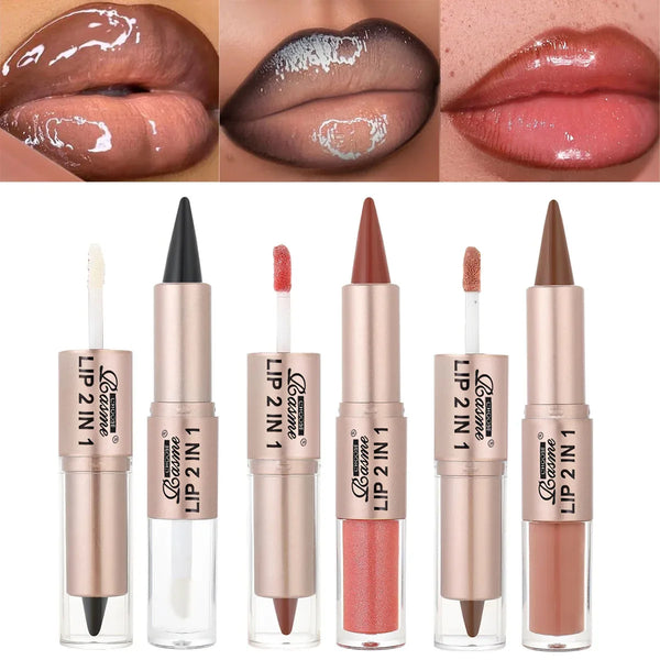 2IN1 Tapered Gradient Lipliner Pen Nude Brown Mirror Glass Lip Gloss Matte Lip Liner Waterproof Lip Contour Non Stick Makeup