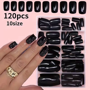 120PCS/Box Black Square Acrylic Press On Fake Nails With Glossy Surface, Reusable, Fully Covered Fake Nails