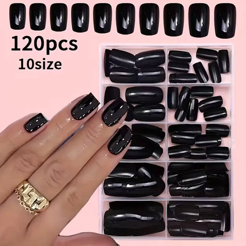 120PCS/Box Black Square Acrylic Press On Fake Nails With Glossy Surface, Reusable, Fully Covered Fake Nails
