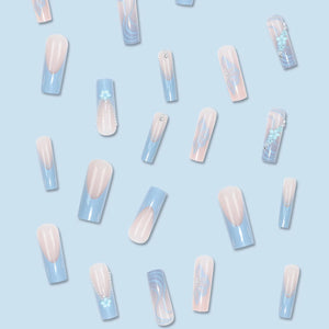 24 Piece Long Coffin Blue French&flower Pattern Fake Nails ABS Full Cover Glossy Fake Nails Summer Collection
