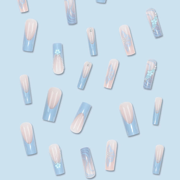24 Piece Long Coffin Blue French&flower Pattern Fake Nails ABS Full Cover Glossy Fake Nails Summer Collection
