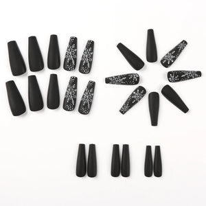 24pcs Black premium fake nails Simple white snowflakes Middle ladder Fully covered fake nails Christmas artificial false nails