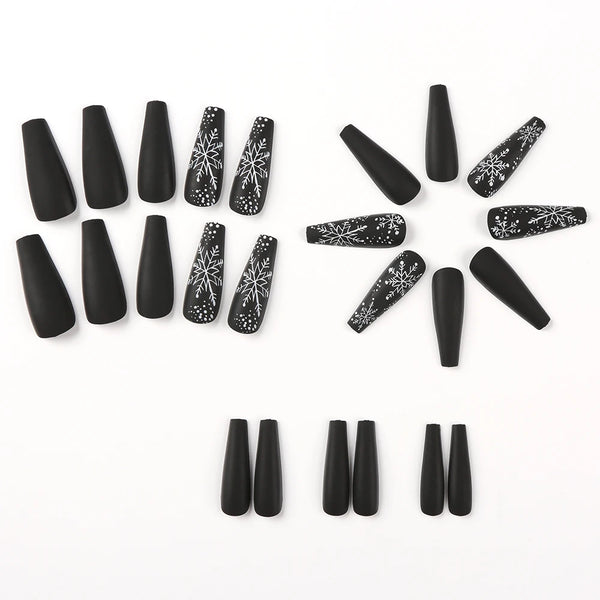 24pcs Black premium fake nails Simple white snowflakes Middle ladder Fully covered fake nails Christmas artificial false nails