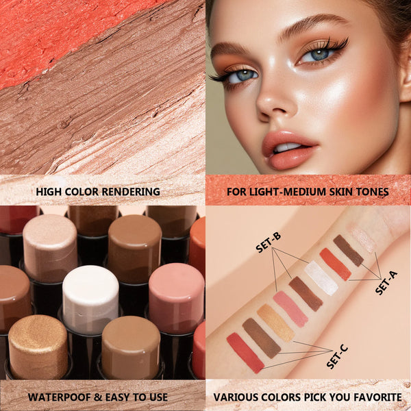 4pcs Cream Contour Kit with Brush – Contour, Highlighter & Blush Sticks