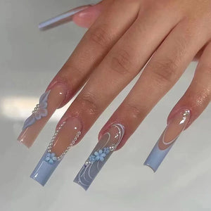 24 Piece Long Coffin Blue French&flower Pattern Fake Nails ABS Full Cover Glossy Fake Nails Summer Collection