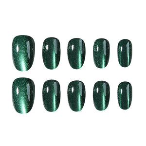 24pcs short almond nail fake nails, green cat's eye glass crystal design fake nails, full cover fake nails, white enhance temper