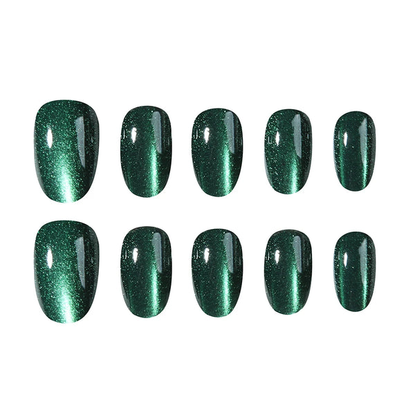 24pcs short almond nail fake nails, green cat's eye glass crystal design fake nails, full cover fake nails, white enhance temper