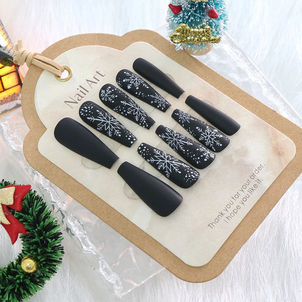 24pcs Black premium fake nails Simple white snowflakes Middle ladder Fully covered fake nails Christmas artificial false nails
