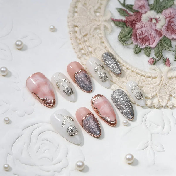 Handmade Wearable Press On Nails Y2k Fairy Medium Almond Fake Nails Light Luxury Charms Fake Nails Manicure Ballerina Detachable