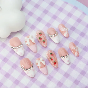 Handmade Wearable Press On Nails Y2k Fairy Medium Almond Fake Nails Light Luxury Charms Fake Nails Manicure Ballerina Detachable
