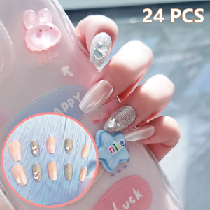 24pcs Fake Nails Press on Reusable with Designs Set  Diamond Short Detachable Finished Fingernails Ballet Wearable Fake Nails