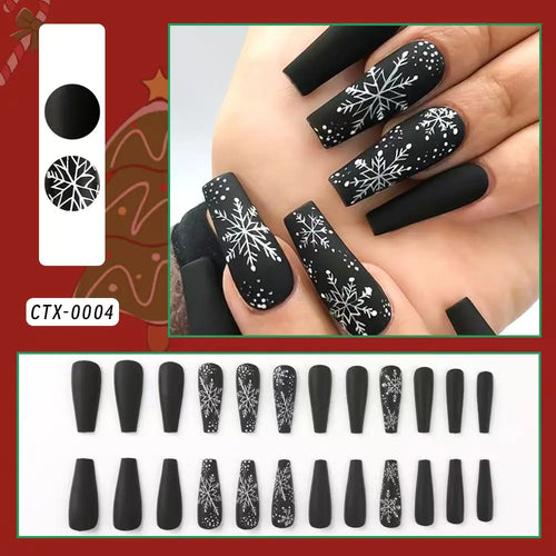 24pcs Black premium fake nails Simple white snowflakes Middle ladder Fully covered fake nails Christmas artificial false nails