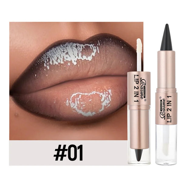 2IN1 Tapered Gradient Lipliner Pen Nude Brown Mirror Glass Lip Gloss Matte Lip Liner Waterproof Lip Contour Non Stick Makeup