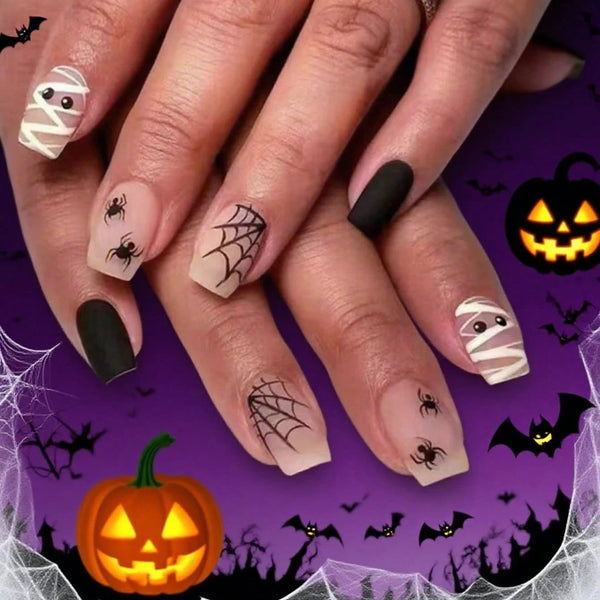 24PCS Halloween Mummy Design Fake Nails Short Square Fake Nails Cute Pressing Nails Full Coverage Halloween Nails