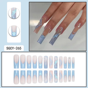 24 Piece Long Coffin Blue French&flower Pattern Fake Nails ABS Full Cover Glossy Fake Nails Summer Collection