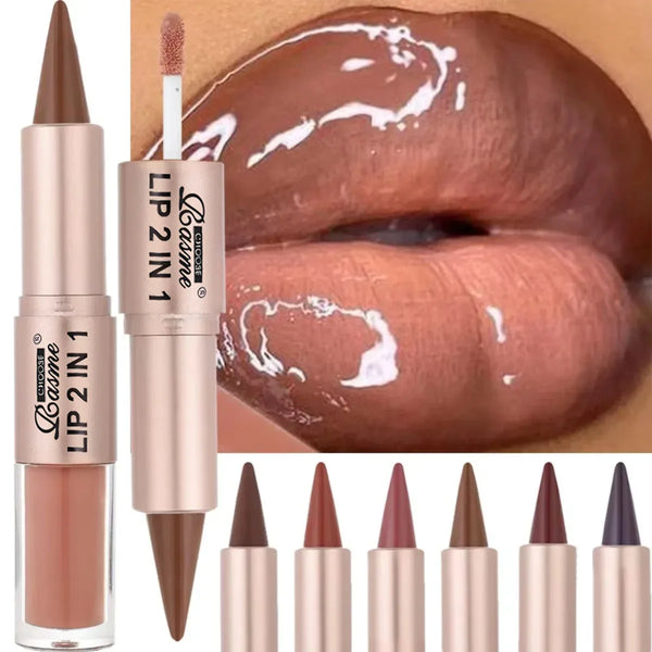 2IN1 Tapered Gradient Lipliner Pen Nude Brown Mirror Glass Lip Gloss Matte Lip Liner Waterproof Lip Contour Non Stick Makeup