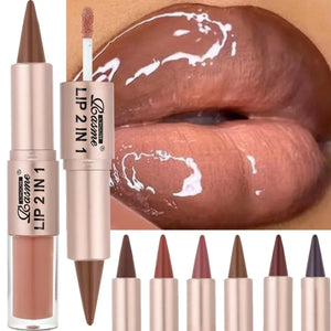 2IN1 Tapered Gradient Lipliner Pen Nude Brown Mirror Glass Lip Gloss Matte Lip Liner Waterproof Lip Contour Non Stick Makeup