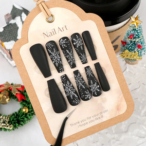 24pcs Black premium fake nails Simple white snowflakes Middle ladder Fully covered fake nails Christmas artificial false nails