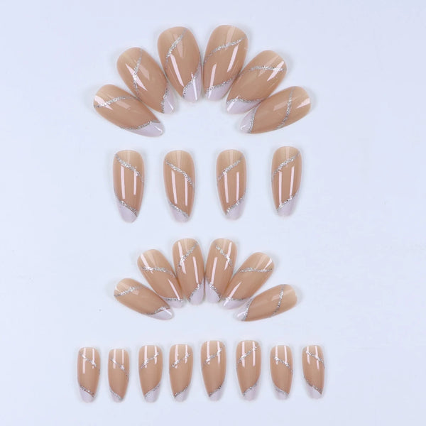 24PCS Medium Almond Fake Nails With Silver Vortex Design, White French Pointed Fake Nails, Reusable Acrylic Nails
