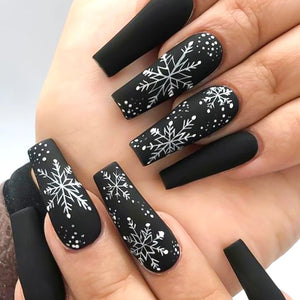 24pcs Black premium fake nails Simple white snowflakes Middle ladder Fully covered fake nails Christmas artificial false nails