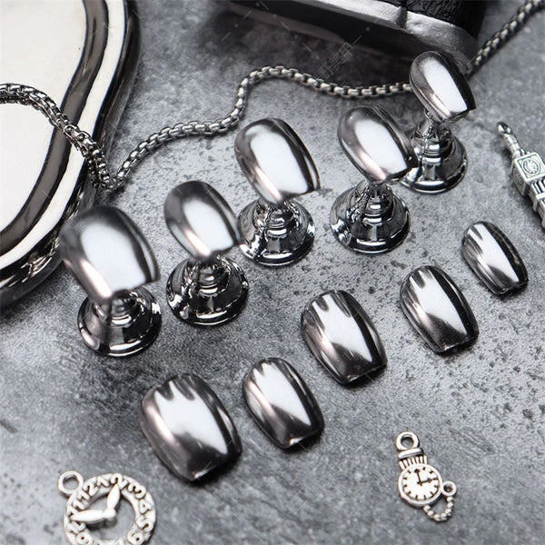 10PCS Handmade Fake Nails Press on Designs Full Cover Short Manicure Reusable Wearable False Nails Silver Punk Finger Tips Art