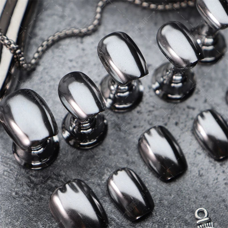 10PCS Handmade Fake Nails Press on Designs Full Cover Short Manicure Reusable Wearable False Nails Silver Punk Finger Tips Art