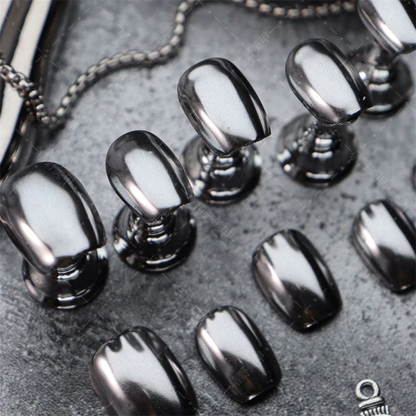 10PCS Handmade Fake Nails Press on Designs Full Cover Short Manicure Reusable Wearable False Nails Silver Punk Finger Tips Art