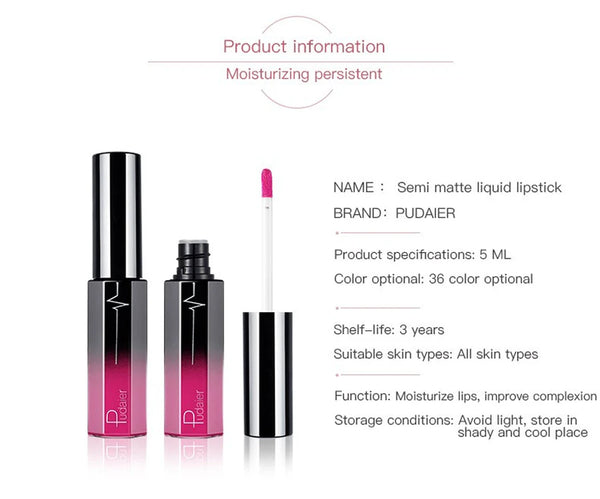 Pudaier Semi Matte Liquid Lipstick Lips Makeup Half Moisturizing Lip Gloss Makeup Cosmetics Moisturizer Lipgloss Make up Batom