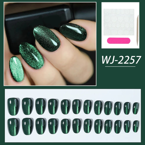 24pcs short almond nail fake nails, green cat's eye glass crystal design fake nails, full cover fake nails, white enhance temper