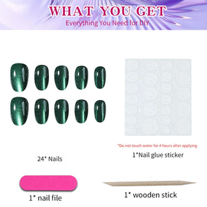 24pcs short almond nail fake nails, green cat's eye glass crystal design fake nails, full cover fake nails, white enhance temper
