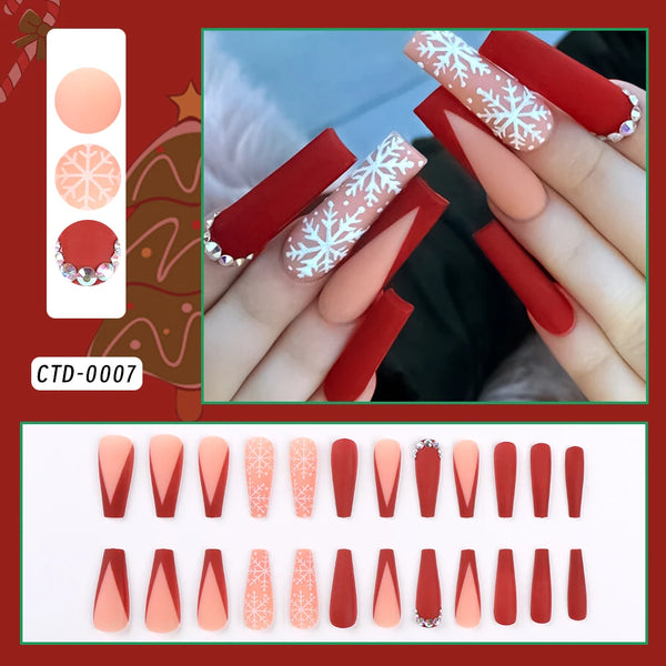 24pcs Black premium fake nails Simple white snowflakes Middle ladder Fully covered fake nails Christmas artificial false nails