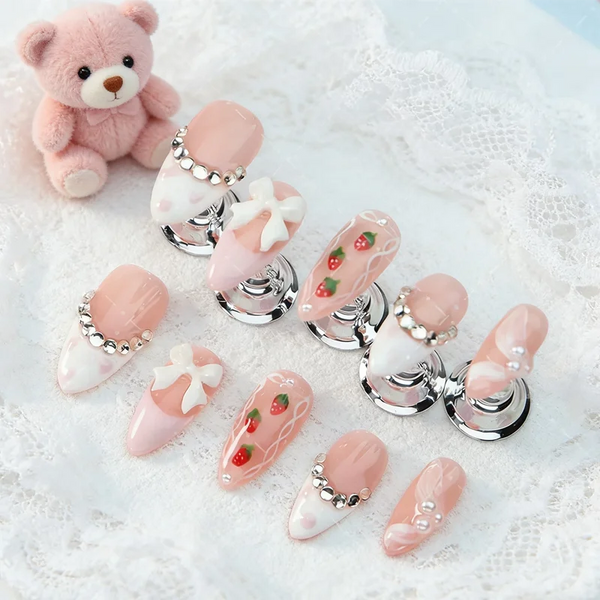 Handmade Wearable Press On Nails Y2k Fairy Medium Almond Fake Nails Light Luxury Charms Fake Nails Manicure Ballerina Detachable