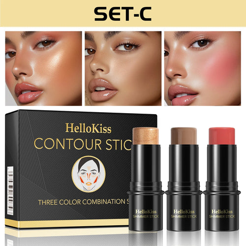4pcs Cream Contour Kit with Brush – Contour, Highlighter & Blush Sticks