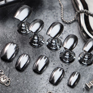 10PCS Handmade Fake Nails Press on Designs Full Cover Short Manicure Reusable Wearable False Nails Silver Punk Finger Tips Art
