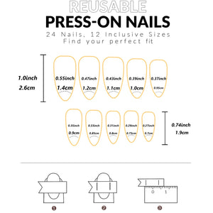 24PCS Medium Almond Fake Nails With Silver Vortex Design, White French Pointed Fake Nails, Reusable Acrylic Nails