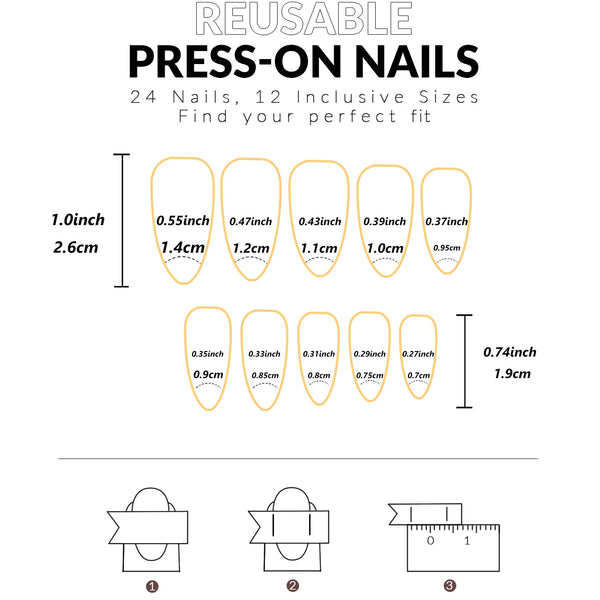 24PCS Medium Almond Fake Nails With Silver Vortex Design, White French Pointed Fake Nails, Reusable Acrylic Nails