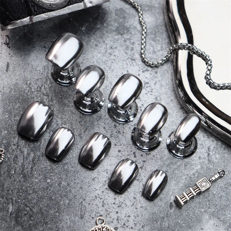 10PCS Handmade Fake Nails Press on Designs Full Cover Short Manicure Reusable Wearable False Nails Silver Punk Finger Tips Art
