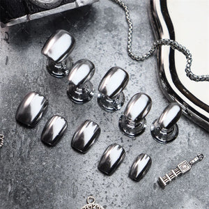 10PCS Handmade Fake Nails Press on Designs Full Cover Short Manicure Reusable Wearable False Nails Silver Punk Finger Tips Art