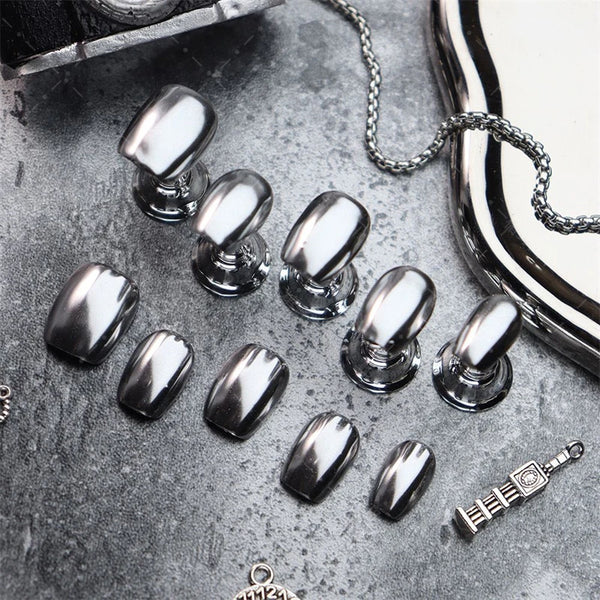 10PCS Handmade Fake Nails Press on Designs Full Cover Short Manicure Reusable Wearable False Nails Silver Punk Finger Tips Art