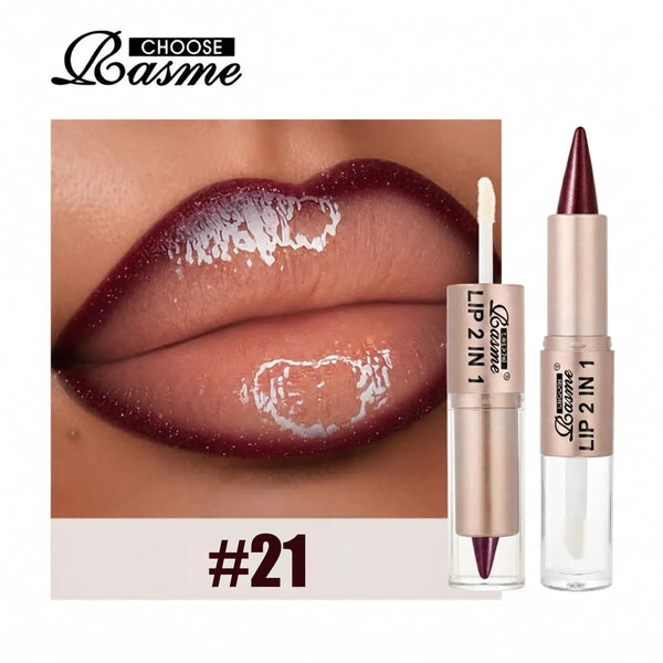2IN1 Tapered Gradient Lipliner Pen Nude Brown Mirror Glass Lip Gloss Matte Lip Liner Waterproof Lip Contour Non Stick Makeup