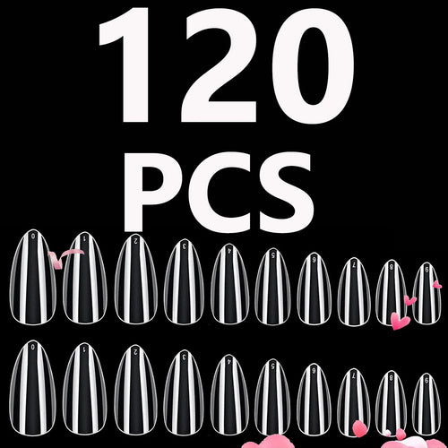 120PCS- Semi-frosted short almond clear fake nails, whitening nail art set with removable fake nails for festivals, parties, dat