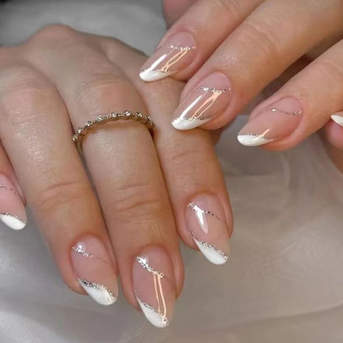 24PCS Medium Almond Fake Nails With Silver Vortex Design, White French Pointed Fake Nails, Reusable Acrylic Nails