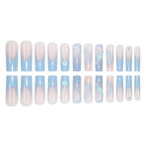 24 Piece Long Coffin Blue French&flower Pattern Fake Nails ABS Full Cover Glossy Fake Nails Summer Collection