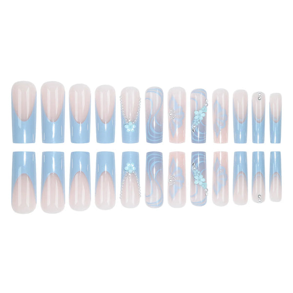 24 Piece Long Coffin Blue French&flower Pattern Fake Nails ABS Full Cover Glossy Fake Nails Summer Collection