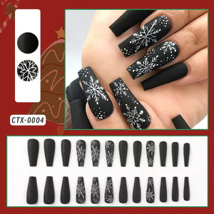 24pcs Black premium fake nails Simple white snowflakes Middle ladder Fully covered fake nails Christmas artificial false nails