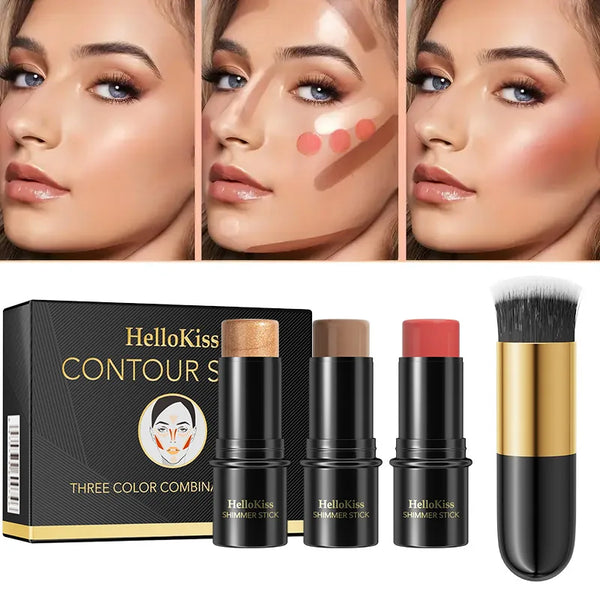 4pcs Cream Contour Kit with Brush – Contour, Highlighter & Blush Sticks