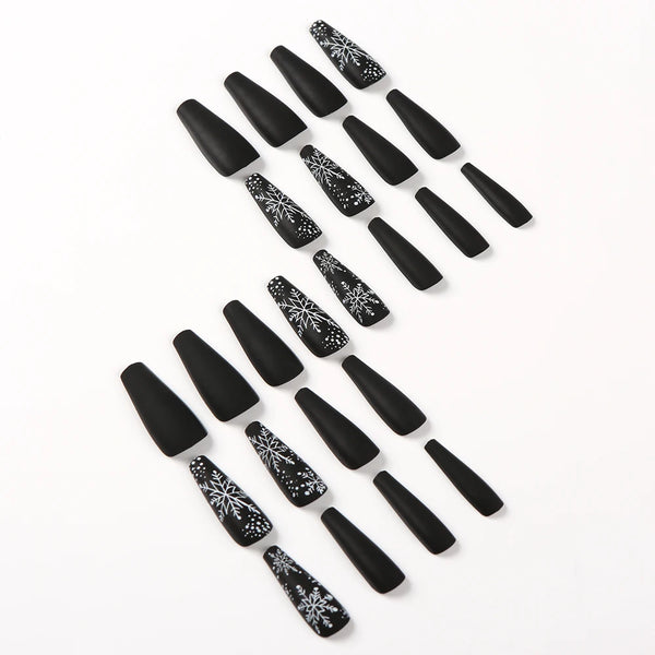24pcs Black premium fake nails Simple white snowflakes Middle ladder Fully covered fake nails Christmas artificial false nails