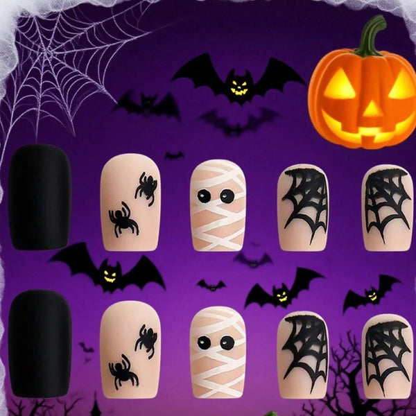 24PCS Halloween Mummy Design Fake Nails Short Square Fake Nails Cute Pressing Nails Full Coverage Halloween Nails