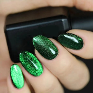 24pcs short almond nail fake nails, green cat's eye glass crystal design fake nails, full cover fake nails, white enhance temper