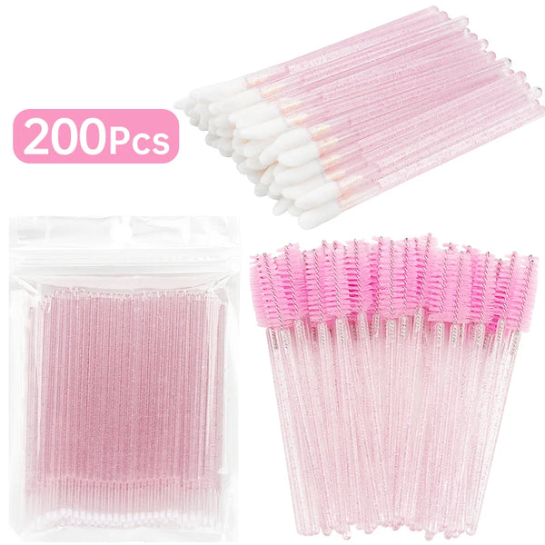 200pcs Eyelash Extension Supplies Kit Disposable Lash Spoolies Brushes Micro Cotton swab Brush Mascara Wand Lipstick Applicator